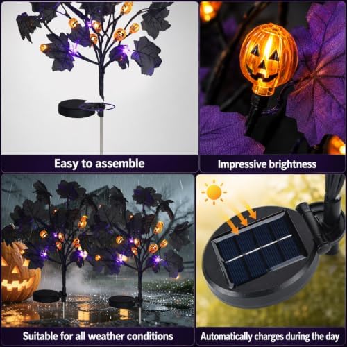Gerrii 2 Pcs Halloween Decorations Outdoor Solar Lights with Black Leaves - Image 3