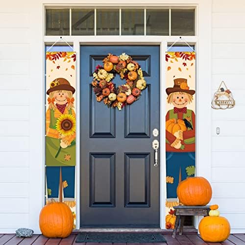 2 Pcs Thanksgiving Porch Sign Banner Fall Harvest Banner Autumn Scarecrow Maple Leaves Pumpkin Hanging Door Sign for Indoor Outdoor Home Party Decorations, 12 x 71 Inch - Image 3