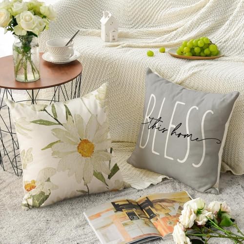 AVOIN colorlife Home Sweet Home Spring Summer Flowers Throw Pillow Covers, 20 x 20 Inch Grey Cushion Case for Sofa Couch Set of 4 - Image 4