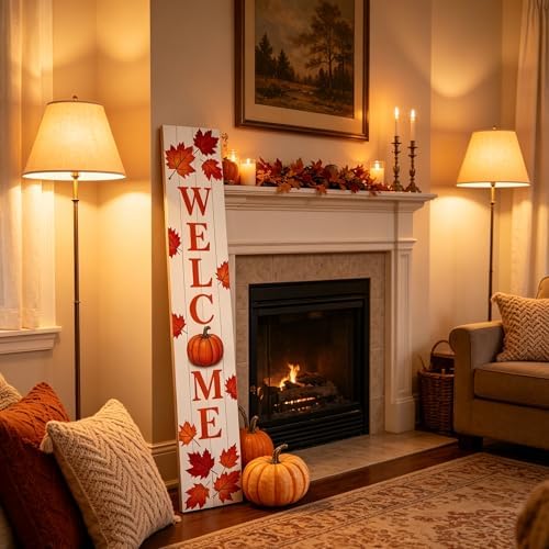 Fall Welcome Porch Sig 47" Tall Vertical Wooden Sign with Pumpkin Maple Leaves Farmhouse Rustic Autumn Thanksgiving Harvest Decoration Standing Hanging for Front Porch Indoor Outdoor - Image 7