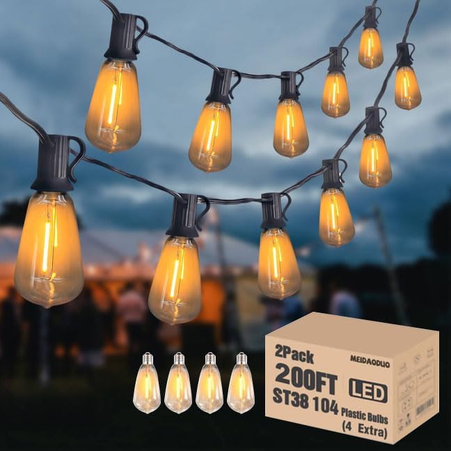 200FT Outdoor Edison String Lights for Outside LED Waterproof 2200K Patio Lights with 104 ST38 Shatterproof Plastic Bulbs Soft Warm Bistro Lights Outdoor Connectable for Gazebo Pergola 2Pack x 100FT by Meidaoduo