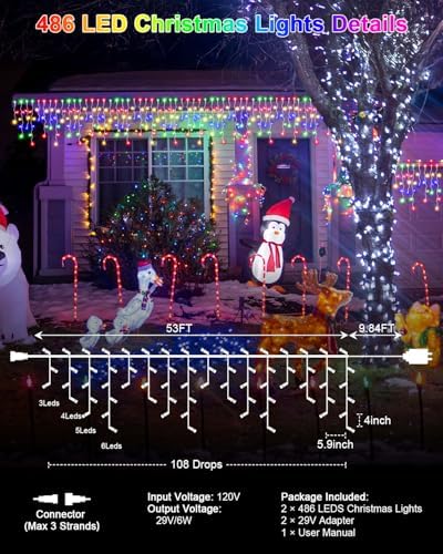 2 Pack 53FT 486 LED Christmas Lights Outdoor, Plug in Waterproof Christmas Lights for Outside, Timer & Memory, 8 Modes Hanging Fairy Light for House Eaves Yard Patio Decorations,Multicolor - Image 6