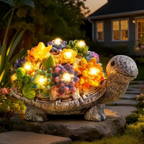 Guhope Solar Garden Statues, Outdoor Turtle Decor with Succulent and 8 LED Lights, Resin Outside Yard Figurine Decor for Garden, Yard, Lawn, Balcony, Porch, Gifts for Mom Grandma by GuhopeLighting