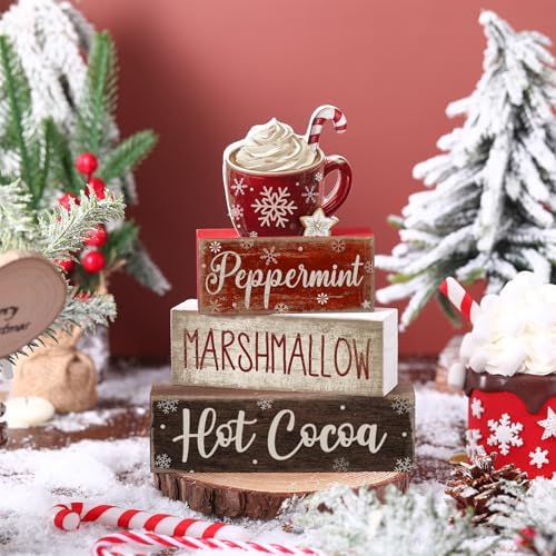Moucuny 4 Pcs Hot Cocoa Wooden Signs Farmhouse Tiered Tray Decor - Image 2