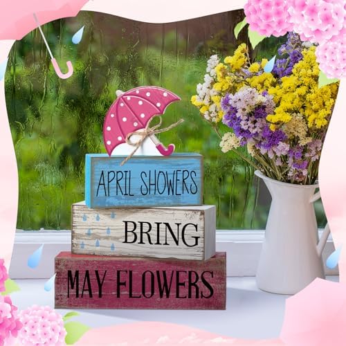 Moucuny 4 Pcs Spring Wooden Block Signs Farmhouse Table Decoration - Image 6