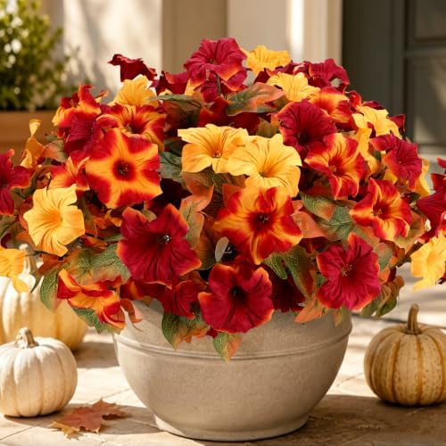 Artificial Fall Petunias for Outdoor, 8 Bundles Burgundy Yellow Gradient - Image 4