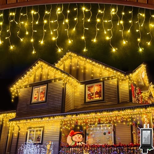 Christmas Icicle Lights Outdoor 66FT 490 LED Drops Warm White by HRANBOTY