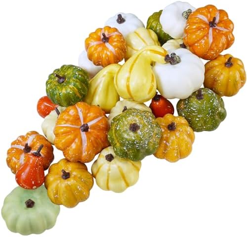 Winlyn 30 Pcs Assorted Rustic Harvest Artificial Pumpkins Gourds Squashes Decorative Fall Pumpkins Fake Foam Pumpkins Autumn Party Thanksgiving Halloween Table Centerpiece Wreath Mantle Bowl Filler by Winlyn