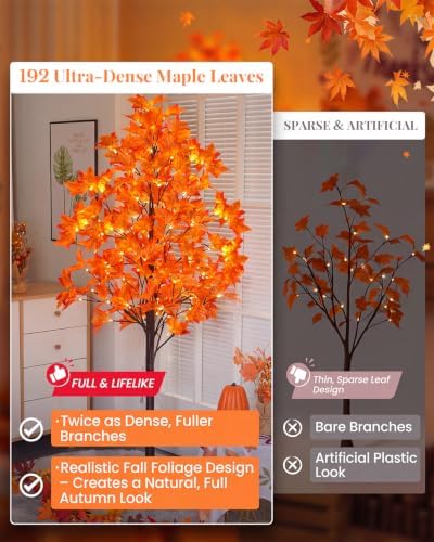 2 Pack 5FT Artificial Lighted Maple Tree with 96 LED & 192 Ultra-Dense Maple Leaves - Fall Decorations Maple Tree with Timer & Warm White Light for Thanksgiving Autumn Decor Indoor Outdoor - Image 2