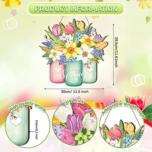 Ferraycle Spring Flower Door Sign Spring Decorations for Front Door Hello Welcome Sign with Jar Colorful Wooden Hanging Decorations for Home Indoor Outdoor Farmhouse Porch Decor - Image 3