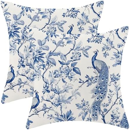 Navy Blue Spring Floral Pillow Covers 18 x 18 Inch Set of 2 for Chinoiserie Flowers Bird Decor Throw Pillows Vintage Plant Farmhouse Outdoor Decorative Cushion Cases for Couch Bed Decorations by CXMEIFLY