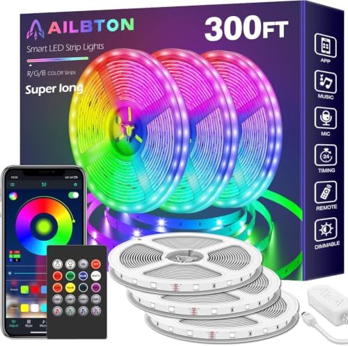 AILBTON 300ft Led Strip Lights(3 Rolls of 100ft led Lights) Ultra Long Led Light Strip with App Voice Control Remote,5050 RGB Music Sync Color Changing Led Lights for Bedroom,Party,Home Decoration by AILBTON