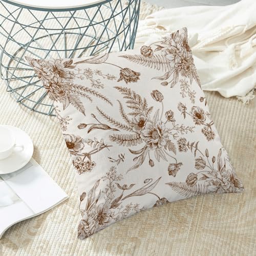 CXMEIFLY Spring Floral Leaves Pillow Covers 18 x 18 Inch Set of 2 for Chinoiserie Flowers Decor Throw Pillows Brown and White Seasonal Plant Outdoor Decorative Cushion Cases for Couch Bed Decorations - Image 4
