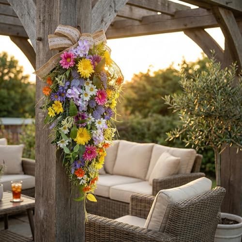 25 Inch Lighted Spring Summer Teardrop Swag with Timer Daisies Wildflower Burlap Bow Farmhouse Floral Decor for Front Door Wall - Image 3