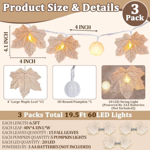 3 Pack Fall Garland with Pumpkin Lights Total 19.5Ft 60LED String Lights - Image 2