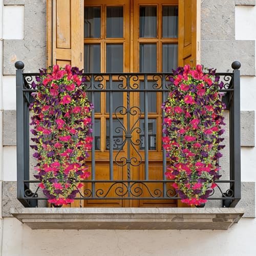 6 Pack Purple Fuchsia Artificial Hanging Flowers, Fake Purple Fuchsia Morning Glory Vines Hanging Flowers UV Resistant Artificial Flowers for Outdoors Porch Patio Balcony Indoor Home Decor - Image 3