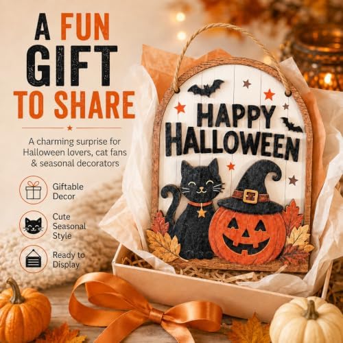 LKTEE Halloween Door Sign, Wooden Black Cat Pumpkin Decor for Front Door - Image 5
