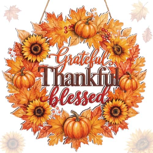 Yalikop Thanksgiving Door Sign Decorations Wreath Wooden Fall Autumn Hanging Sign 3D Hollow Maple Leaf Pumpkin Front Door Hanger Wall Decor for Harvest Porch Indoor Outdoor Home Decorations by Yalikop