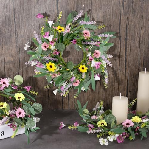 12 Pcs 3inch Spring Summer Artificial Flowered Wreath Mini Floral Wedding Candle Rings Wreaths Kitchen Cabinet Swags Wreath Pillar Candle Holder for Wedding Spring Summer Home Door Tabletop Decoration - Image 4