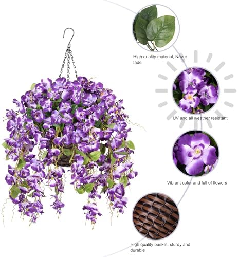 Artificial Fake Hanging Hibiscus Flowers Plants Baskets for Outdoor Decoration, Faux Silk Hibiscus Long Vines in Planter UV Resistant Realistic Flowers for Outside Porch Patio Home Decor, Darkpurple - Image 3