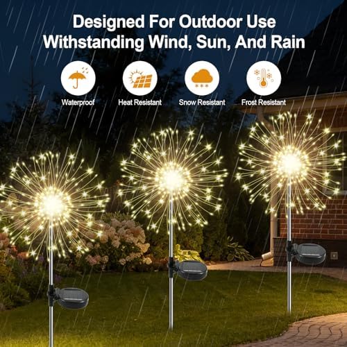 Solar Garden Lights Outdoor, 2 Pack 120 LED Twinkling Firework Lights Decorative with 2 Modes, Outdoor Waterproof Solar Starburst Light for Yard Pathway Planter Patio Decor, Warm White - Image 3