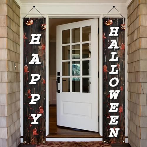 2PCS Halloween Porch Banner Decorations 71 x 12 Inch Happy Halloween Vertical Hanging Sign Scary Bloody Handprint Front Door Banner for Outdoor Haunted House Yard Party Wall Decor - Image 6