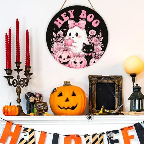 Pink Halloween Decor Halloween Ghost Black Cat Door Sign for Front Door - Image 4