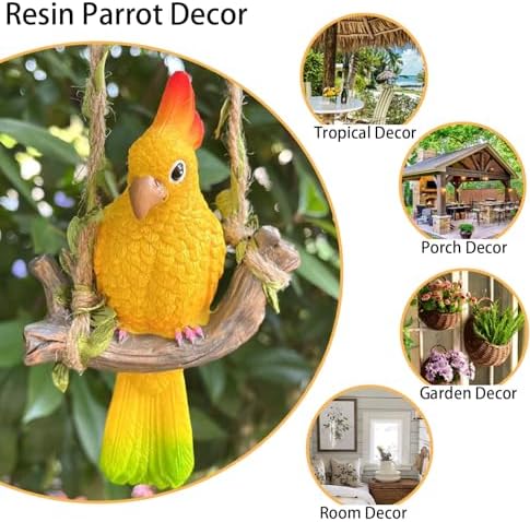 Resin Parrot Hanging Tropical Decor Outdoor Porch Tree Tiki Bar Decorations Outdoor Hanging Bird Sculpture for Christmas Tree Plant Patio Lawn Yard Porch Balconies Decor (Yellow) - Image 3