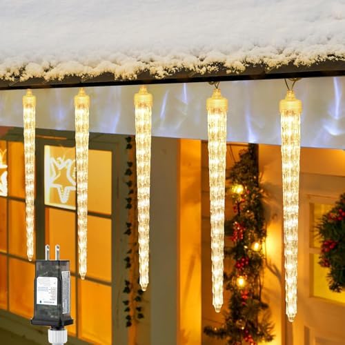 Brightown Christmas Meteor Shower Icicle Lights Outdoor, 2 Pack Total 40ft with 40 Large Tube 960 LED Dropping Effect, Waterproof Decorations for House Eave Roofline, Warm White - Image 7