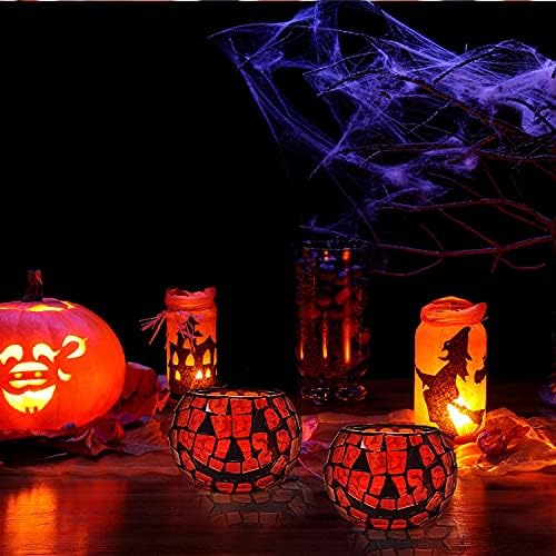 SHMILMH Halloween Candles Holder Set of 4, Grimace Tealight Holders, Handmade Mosaic Pumpkin Glass Votive Candle Holders for Halloween Table Centerpiece Home Decor - Image 5