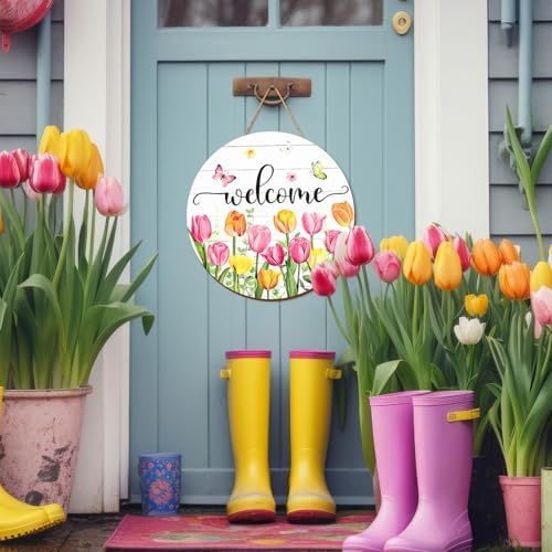 JarThenaAMCS Spring Tulip Welcome Door Sign Easter Summer Wildflower Butterfly Wooden Hanging Decoration Wreaths Floral Front Door Sign for Home Indoor Outdoor Porch Wall - Image 6