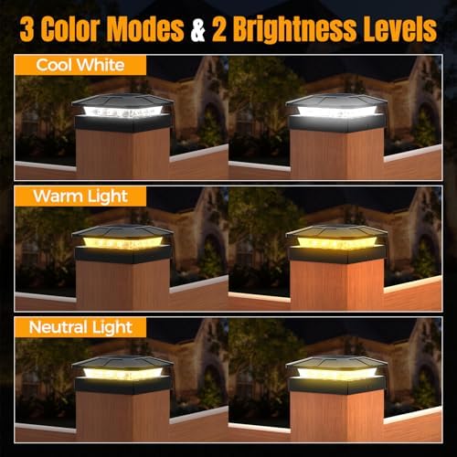 4x4 Solar Fence Post Cap Lights Outdoor Waterproof, 6 Pack, Black - Image 2