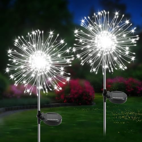 Solar Garden Lights Outdoor, 2 Pack 120 LED Twinkling Firework Lights Decorative with 2 Modes, Outdoor Waterproof Solar Starburst Light for Yard Pathway Planter Patio Decor, White by Unknown