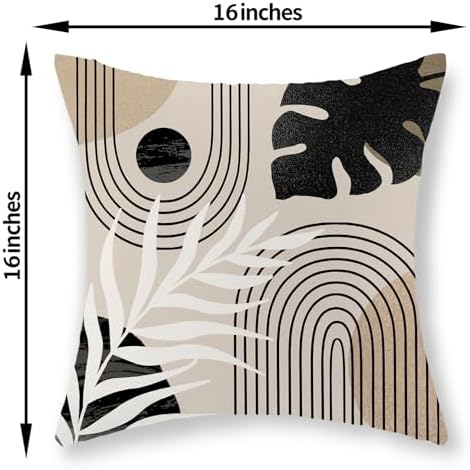 Boho Pillow Covers 16x16 Set of 2 Mid Century Black Beige Tropical Leaf Throw Pillow Covers Outdoor Decor Modern Abstract Decorative Pillow Cases Farmhouse Linen Cushion Case for Couch Sofa - Image 2
