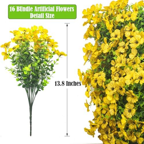 Grunyia Artificial Fake Flowers for Outdoor Spring Decoration, 16 Bundles Faux Silk Colorful Daisy UV Resistant Realistic for Outside Porch Patio Home Yard Garden Planters Pots Window Box (Yellow) - Image 2