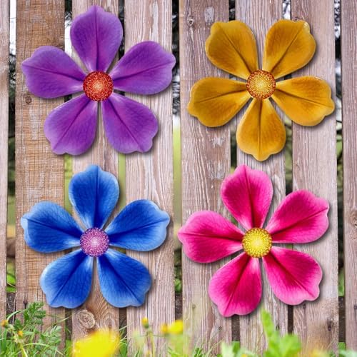 Giyyomtr Flowers Outdoor Wall Decor - 4 Pack 6.2'' Metal Flower Wall Art Hanging Decorations for Outdoor Fence Garden Yard Patio Exterior Decor by Giyyomtr