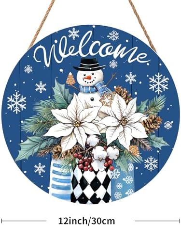 Welcome Winter Blue Poinsettia Front Door Sign Winter Snowman Wood Door Hanger Outdoor Outside Porch Decor Blue Christmas Snowflake Holiday Wreath Wall Hanging Welcome Sign for Home Front Porch 12in - Image 2