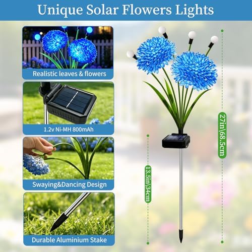 Solar Firefly Lights Outdoor Waterproof, 8 Pack Blue Solar Flowers Swaying Lights With Flowers, Flower Light Garden Decor for Outside Yard Patio Halloween Christmas, Gifts for Women Grandma - Image 2