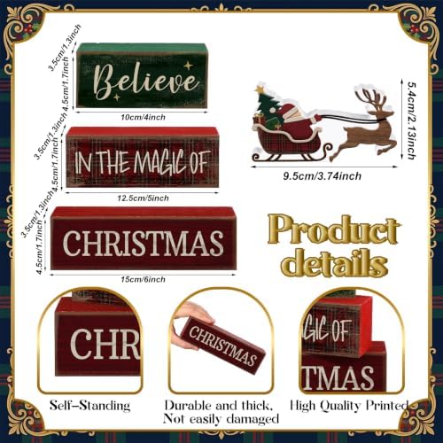 Moucuny 4 Pcs Christmas Table Decoration Plaid Santa Sleigh Stacked Wooden Sign Decor Rustic Christmas Tiered Tray Decor Santa Claus Elk Block Sign Gift Farmhouse Xmas Centerpiece for Home Kitchen - Image 2