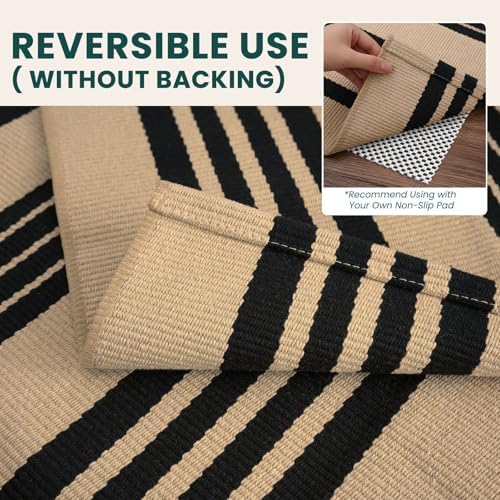 KOZYFLY 3'x5' Striped Area Rug, Brown and Black Woven Cotton Outdoor Rug - Image 4