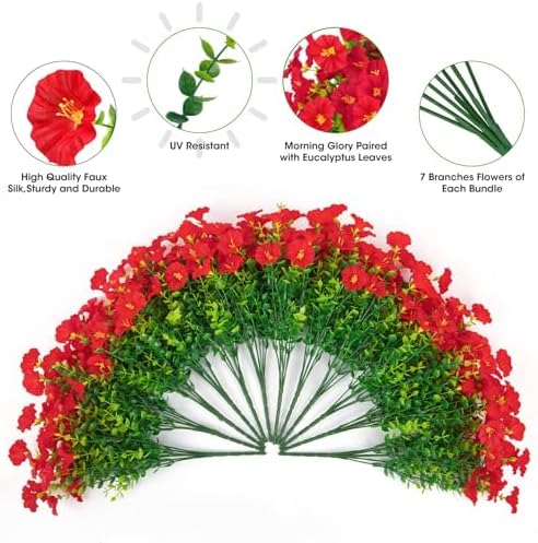 Ouddy Decor 24 Pcs Artificial Morning Glory Flowers for Outdoors, Red - Image 3