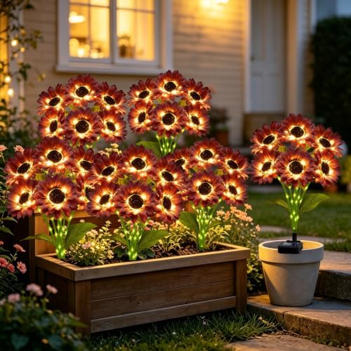 MRHEPHAESTUS Solar Garden Lights Outdoor, 4 Pack Solar Brown Sunflower Lights with 18 Head 3.5 Inch Flowers, Waterproof Flowers Light Fall Decor Auto ON/Off for Garden Yard Patio, Gifts for Mom Women - Image 5