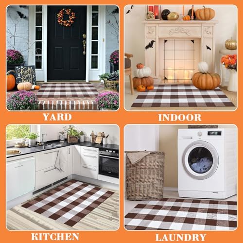Buffalo Plaid Rug 28 x 43 Inches Fall Outdoor Front Door Decor Mat, Cotton Washable Hand-Woven Rug for Layered Doormat, Autumn Halloween Thanksgiving Carpet for Porch (Brown and White Plaid) - Image 7