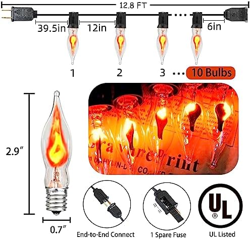 PASUTO Halloween Lights Indoor Flickering Flame String Lights with 10 Pack Clear C7 Flame Light Bulbs, 12.8Ft Flame String Lights for Fall Decor Halloween Decorations Outdoor Home Party Lights - Image 2