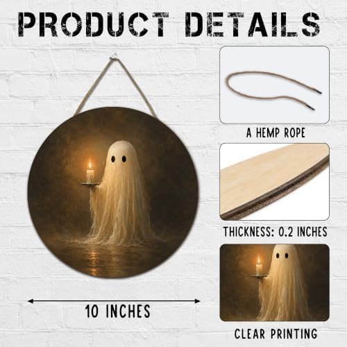 Halloween Ghoust Round Door Sign, 10 Inch Wooden Hanging Plaque with Rope, Rustic Wall Decor for Home Porch Entryway Halloween Party Decoration - A05 - Image 2