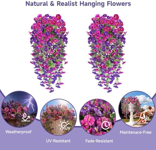 Artificial Hanging Flowers for Outdoors, 2 PCS 300 Blooms UV Resistant Morning Glory Faux Silk Vines, No-Odor Realistic Fake Plants for Garden Planter Porch Patio Decoration, Fuchsia & LightPurple - Image 2