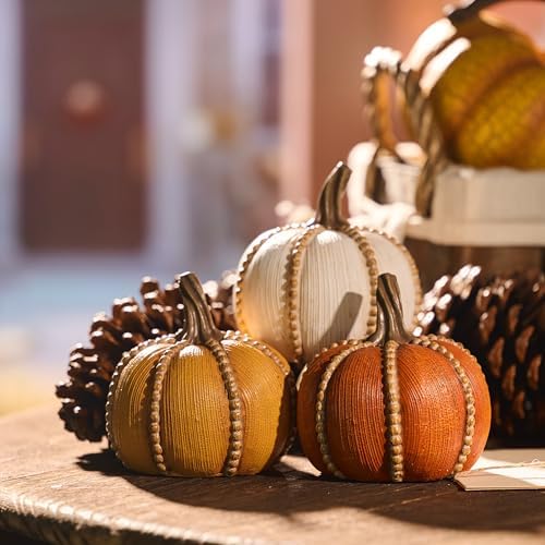 Valery Madelyn Fall Decorations for Home, Set of 3 Resin Fall Pumpkin Decor Indoor, Decorative Pumpkins Table Centerpieces Autumn Thanksgiving Halloween Decorations, 3.5 Inch by ValeryMadelyn