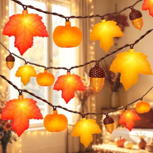 Fall Thanksgiving Harvest Decor - 20 LED Fall String Lights Plug in, 12Ft LED Autumn String Lights with Maple Leaf Pumpkin Acorn, for Indoor Outdoor Autumn Harvest Decorations & Thanksgiving Decor by SOTOPOO