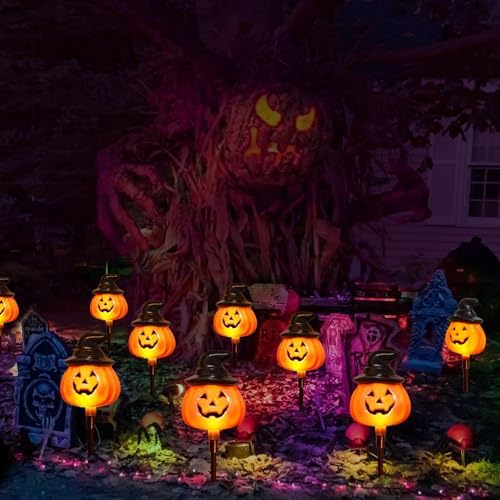 6 Pack Solar Jack O Lantern Stake String Lights - Orange Halloween Pathway Decor for Outdoor Halloween Yard Display - Image 3