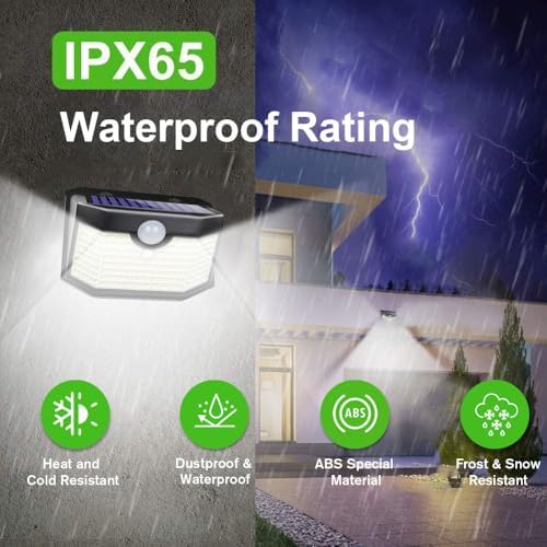 HMCITY 120 LED Outdoor Solar Lights with Motion Sensor and 3 Lighting Modes, IP65 Waterproof Wide Solar Wall Lights Ideal for Garden Patio Yard (Front Button 2Packs, Black Shell-Daylight White) - Image 5
